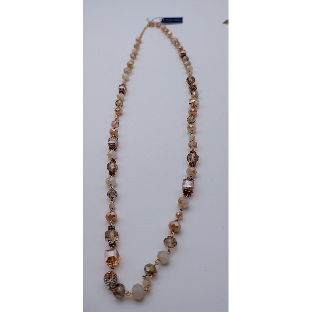 Pink Linen Beaded Necklace Champagne Amber Gold Tone Faceted Glass 18-21 Inch